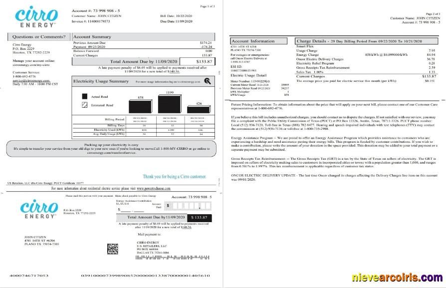 USA Texas Cirro Energy utility bill 3 pages 1 2